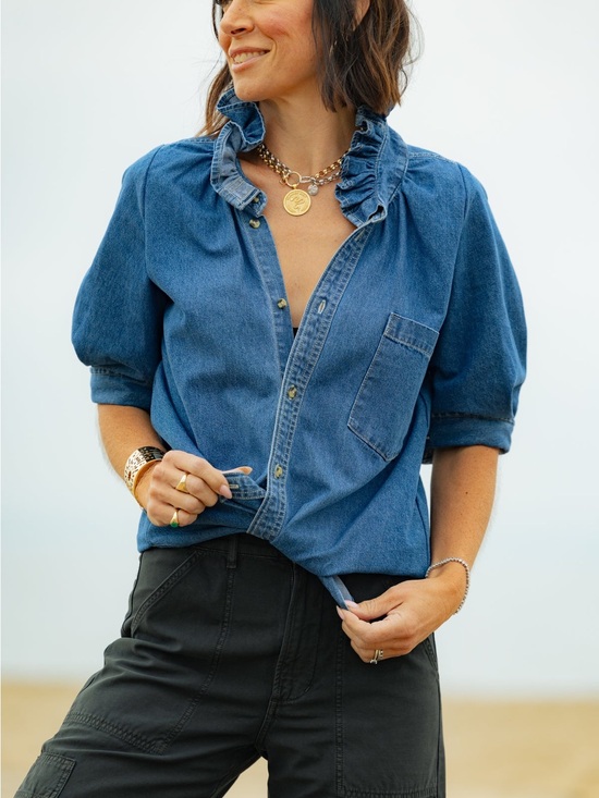 KMJ Tops - KMJ Southern Lover Denim Denim Ruffle Button-Front Shirt